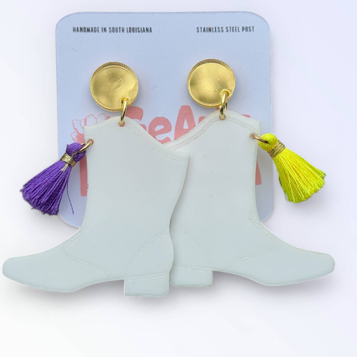 Mardi Gras Majorette Boot Dangle Earrings Purple Green Gold