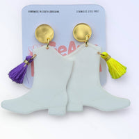 Mardi Gras Majorette Boot Dangle Earrings Purple Green Gold