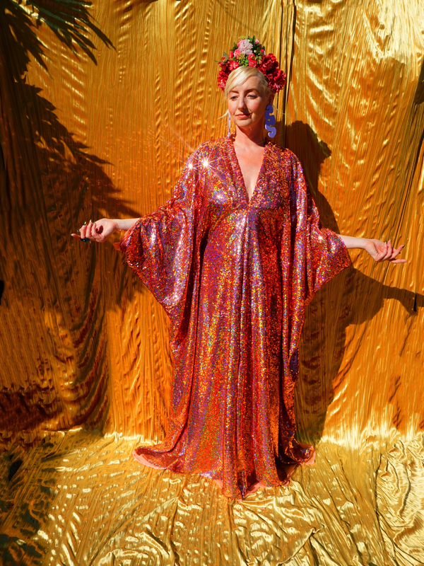 Rose Gold Holographic Sequin V-neck Kaftan Gown