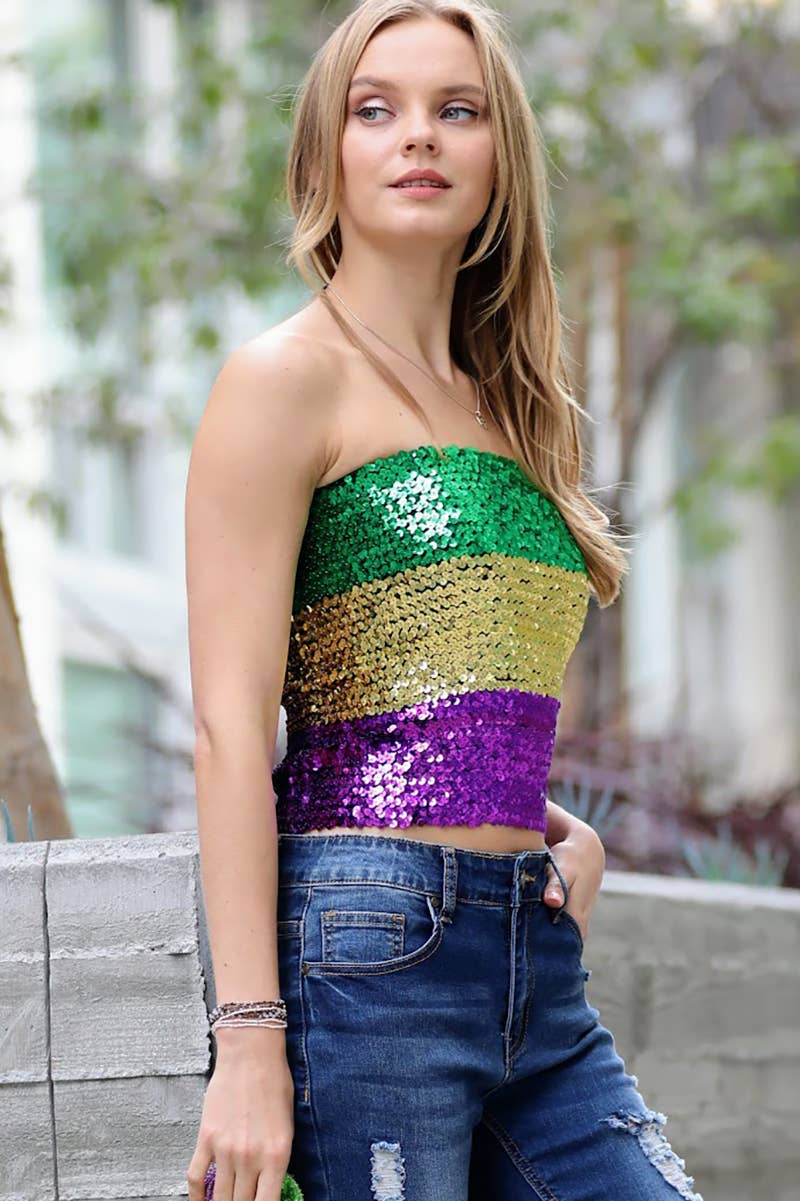 ._ 42POPS Mardi Gras Sequins Stretchy Tube Top SI-24072