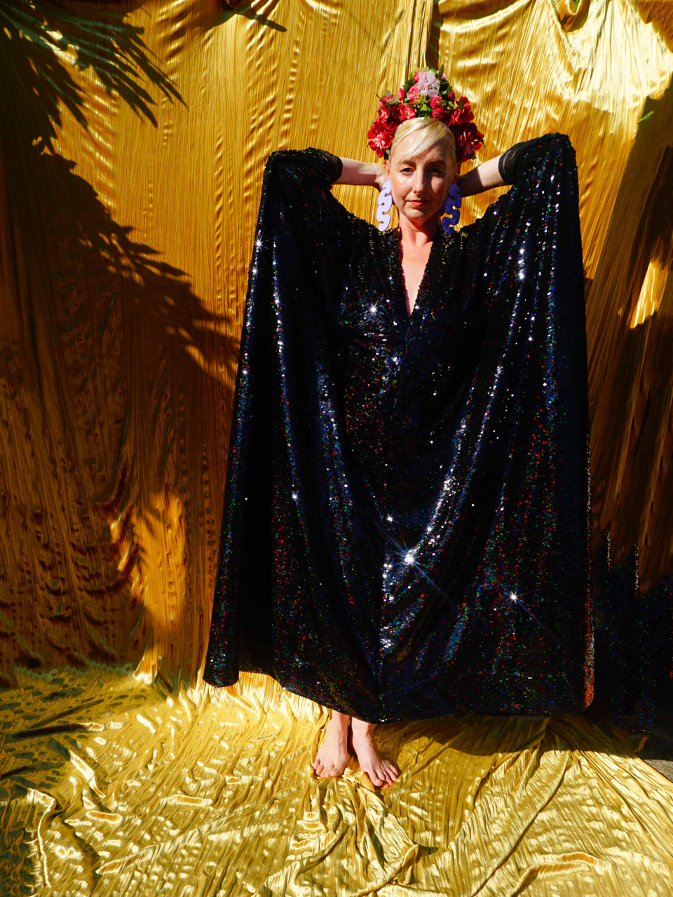 Petrol Black Holographic Sequin Maxi Kaftan Gown / Kimono Robe