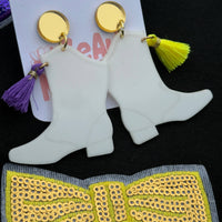 Mardi Gras Majorette Boot Dangle Earrings Purple Green Gold
