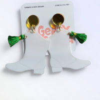 Mardi Gras Majorette Boot Dangle Earrings Purple Green Gold