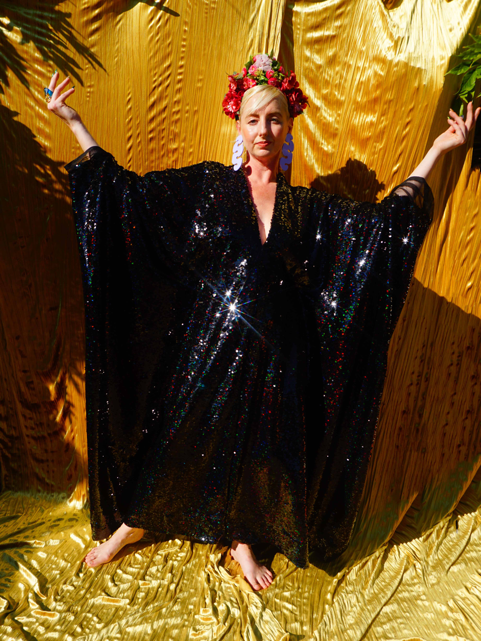 Petrol Black Holographic Sequin Maxi Kaftan Gown / Kimono Robe