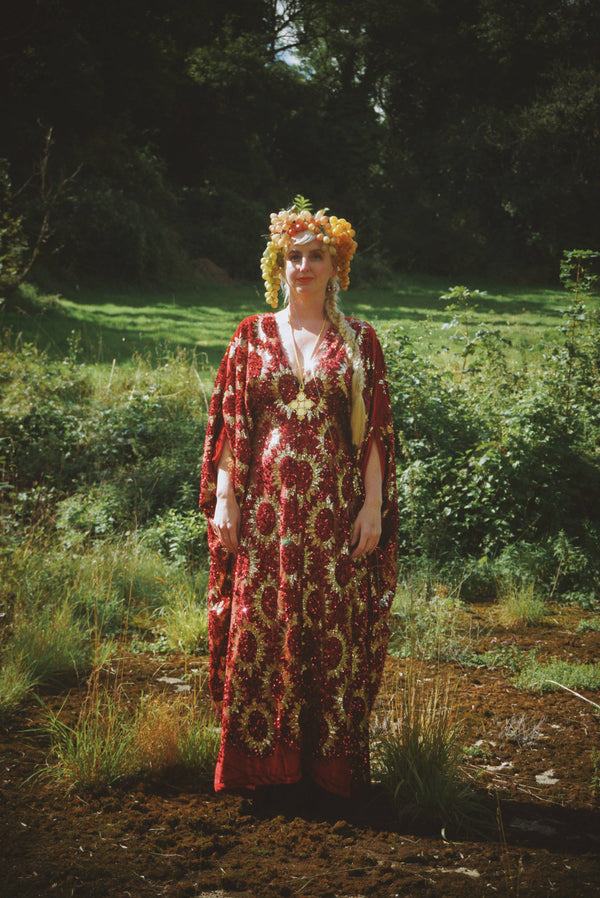 Deluxe Sequin Velvet Scarlet Sequin Gold Sunburst Velvet kaftan Gown