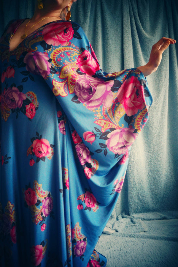 Floral Border Pink and Blue Flower Garden Kaftan Gown