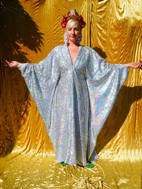 SILVER Holographic Sequin V-neck Kaftan Gown