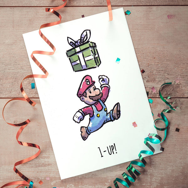 "1 Up!" - Video Game Plumber Christmas or Birthday Card