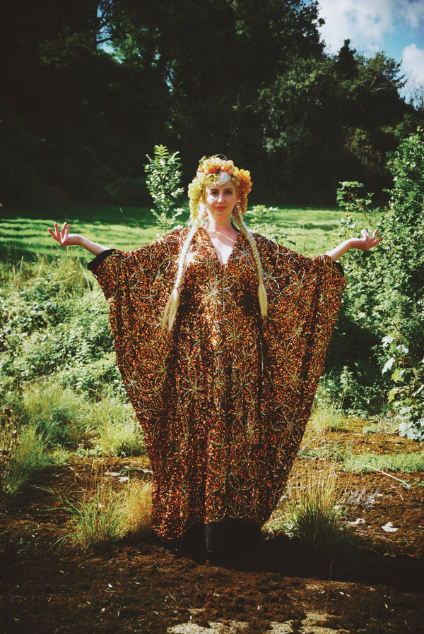 Deluxe Sequin Velvet Flame Orange Gold Snowflake Kaftan