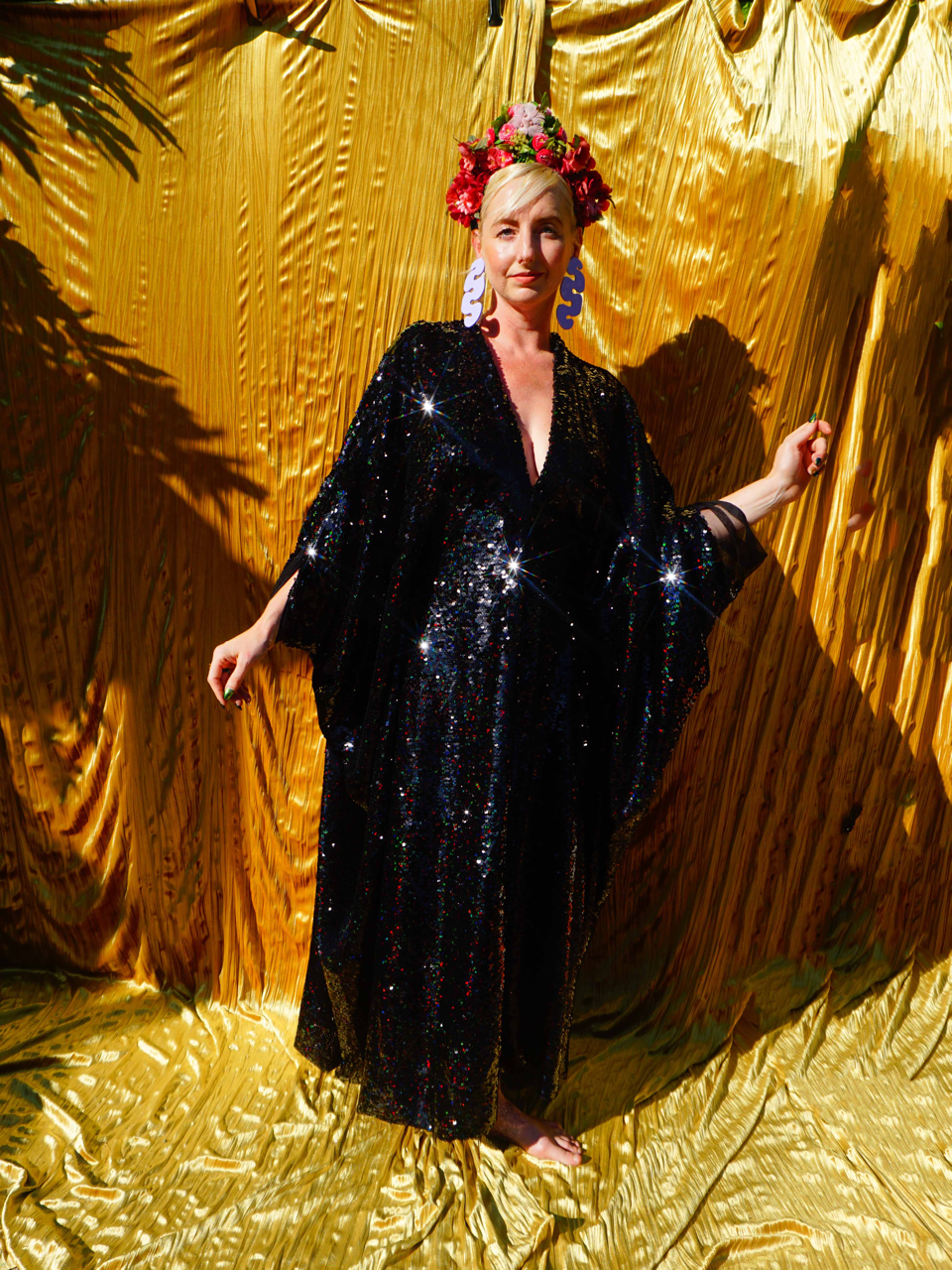 Petrol Black Holographic Sequin Maxi Kaftan Gown / Kimono Robe