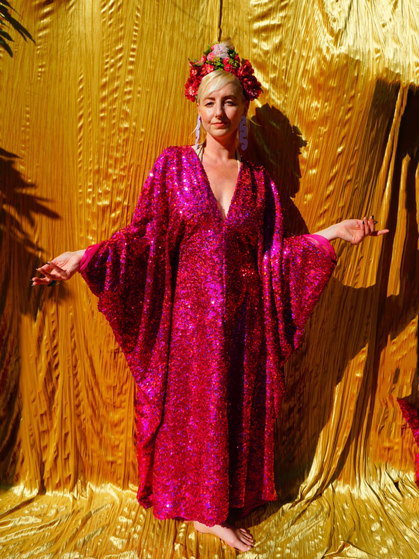 Cerise Holographic Sequin V-neck Kaftan Gown / Kimono Robe