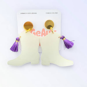 Mardi Gras Majorette Boot Dangle Earrings Purple Green Gold
