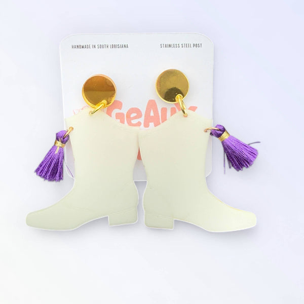 Mardi Gras Majorette Boot Dangle Earrings Purple Green Gold