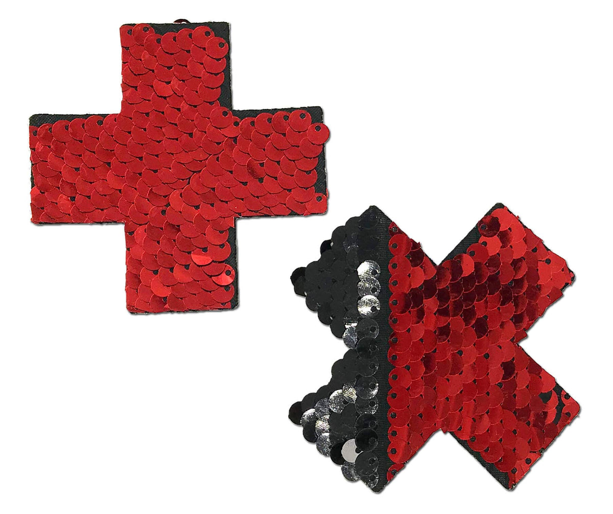 Plus X: Red & Black Flip Sequin Cross Nipple Pasties