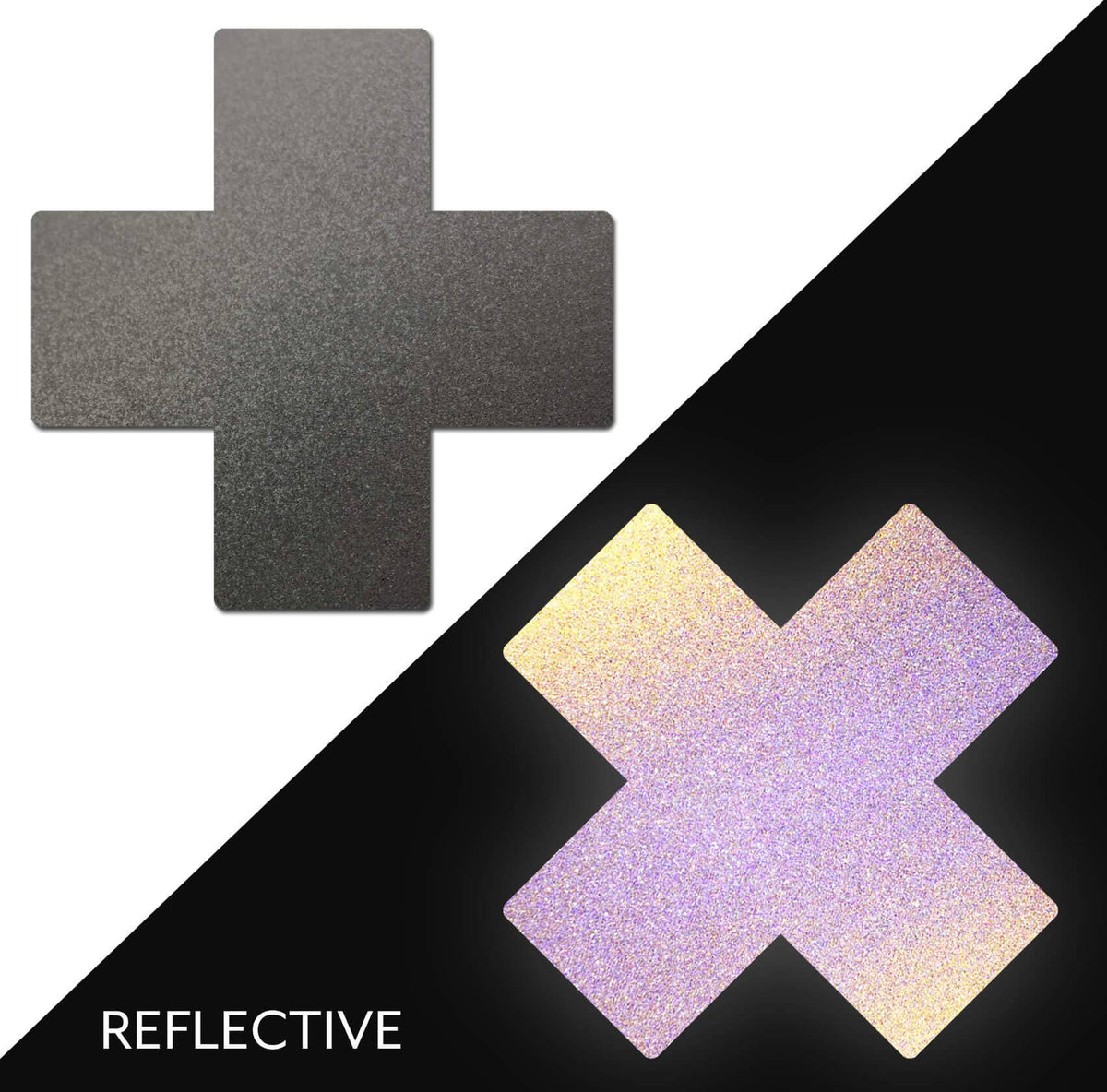 Plus X: Reflective Gun Metal Grey Cross Nipple Pasties