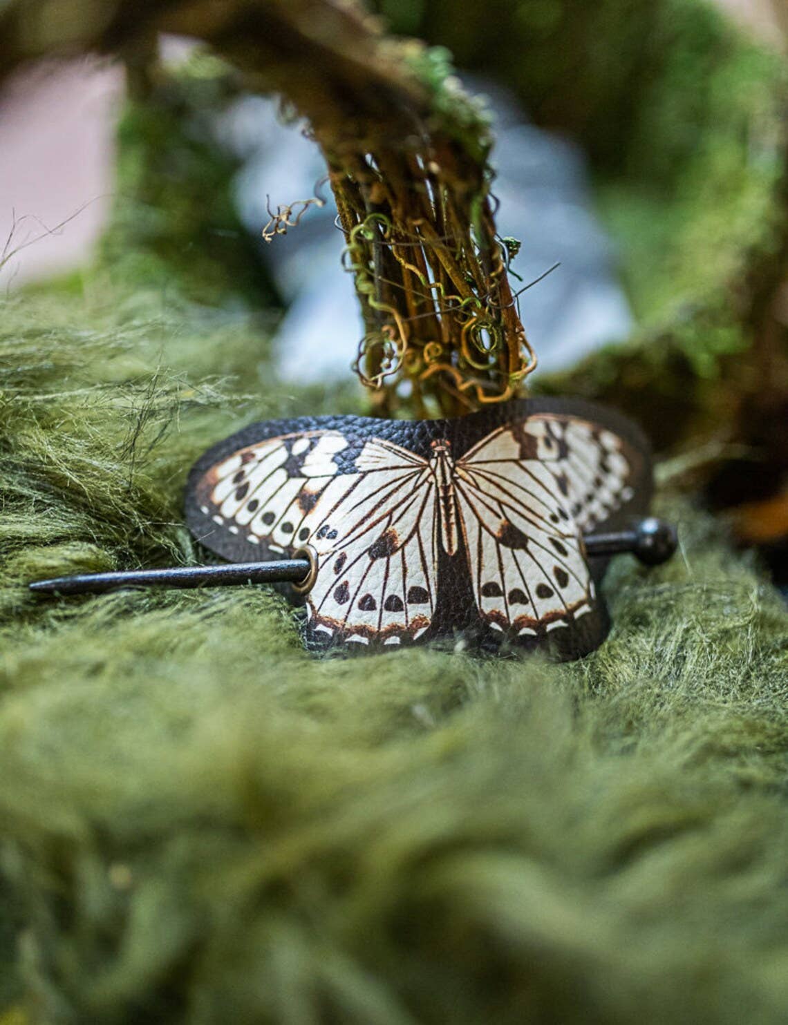 Nymph Butterfly black and white Hair Barrette Vegan Leather