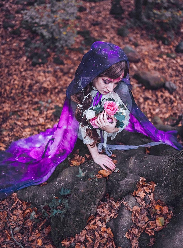 Purple Nebula Celestial cloak in vegan silky chiffon hooded