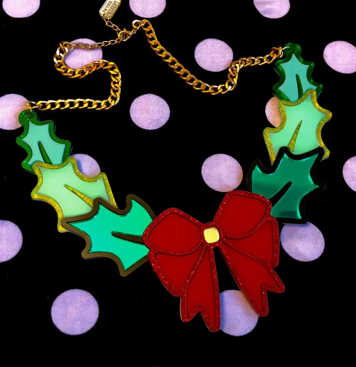 Christmas Wreath and Bow Necklace, Laser Cut Acrylic