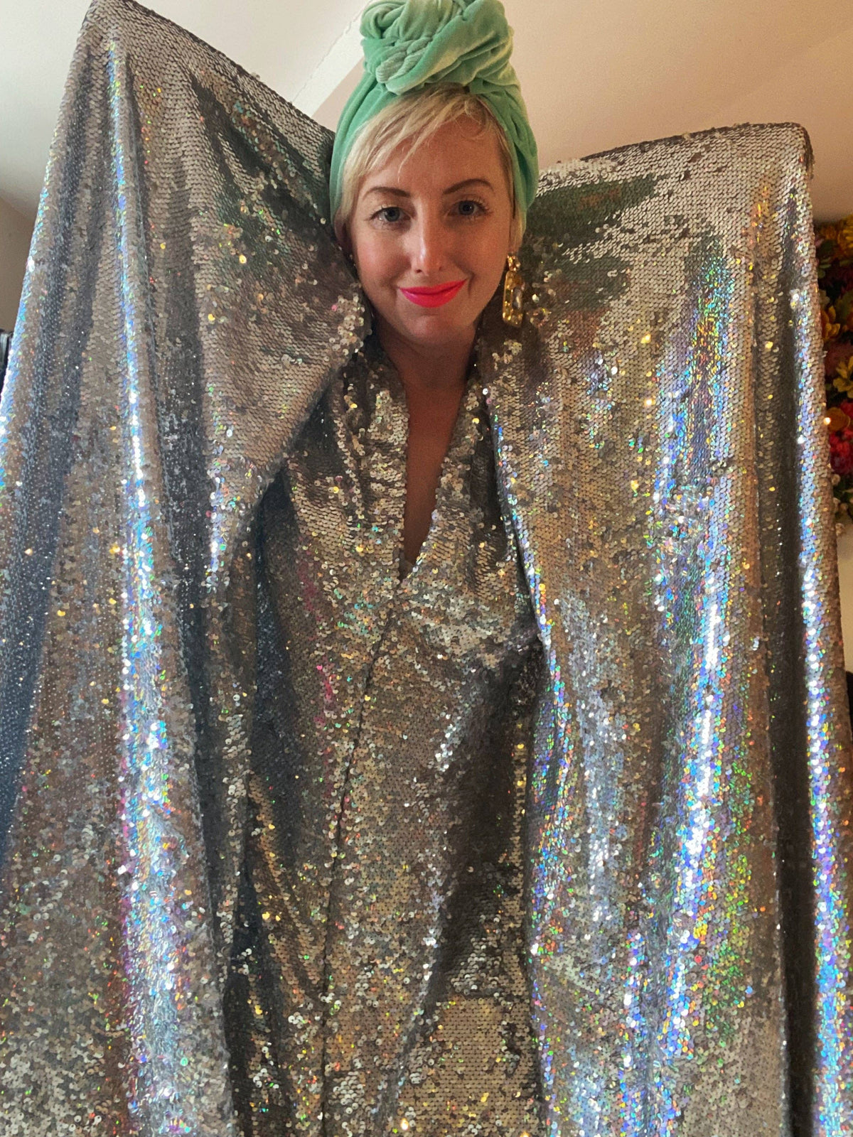 Silver Metallic Holographic/  Sequin Kaftan Gown / Dress