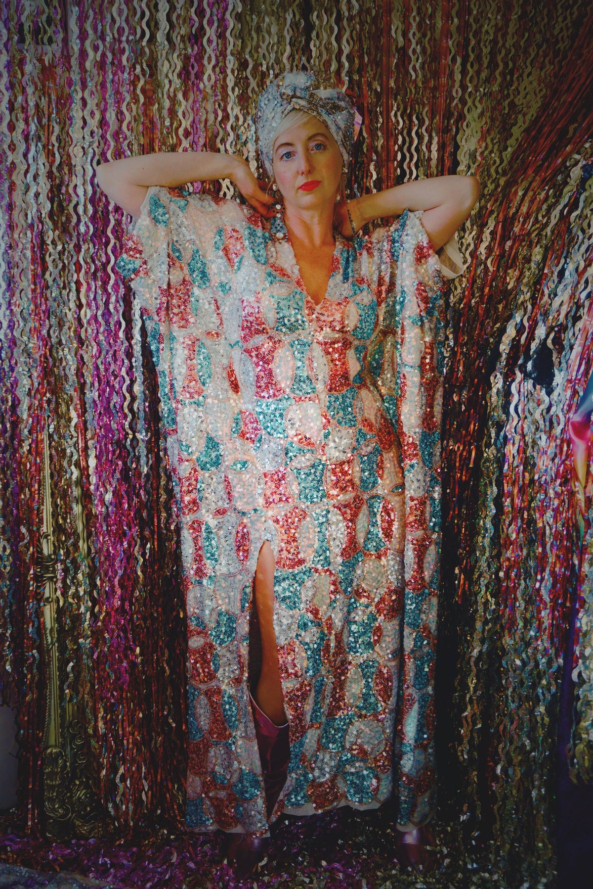 Pink, Blue and White Circle V-Neck Maxi Dress Kaftan