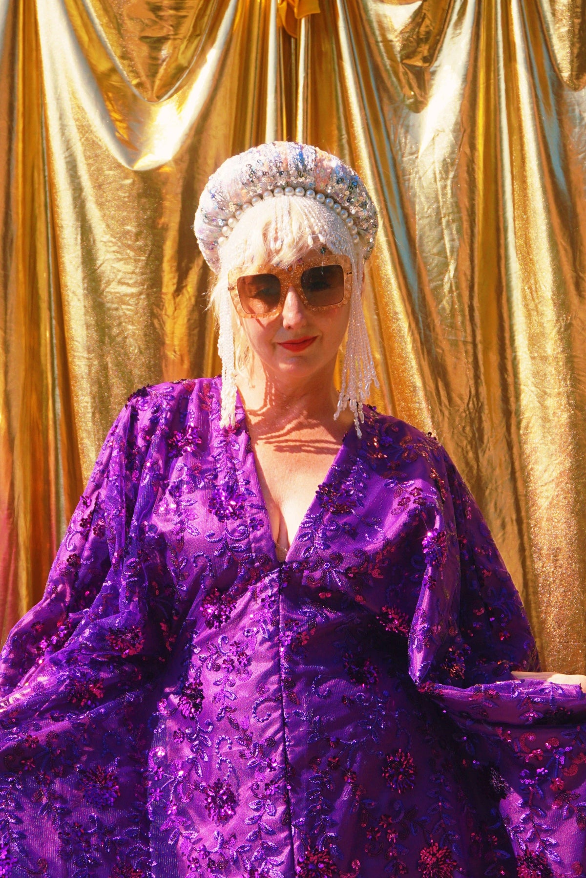 Desert Amethyst Lace Sequin V-Neck Kaftan Gown