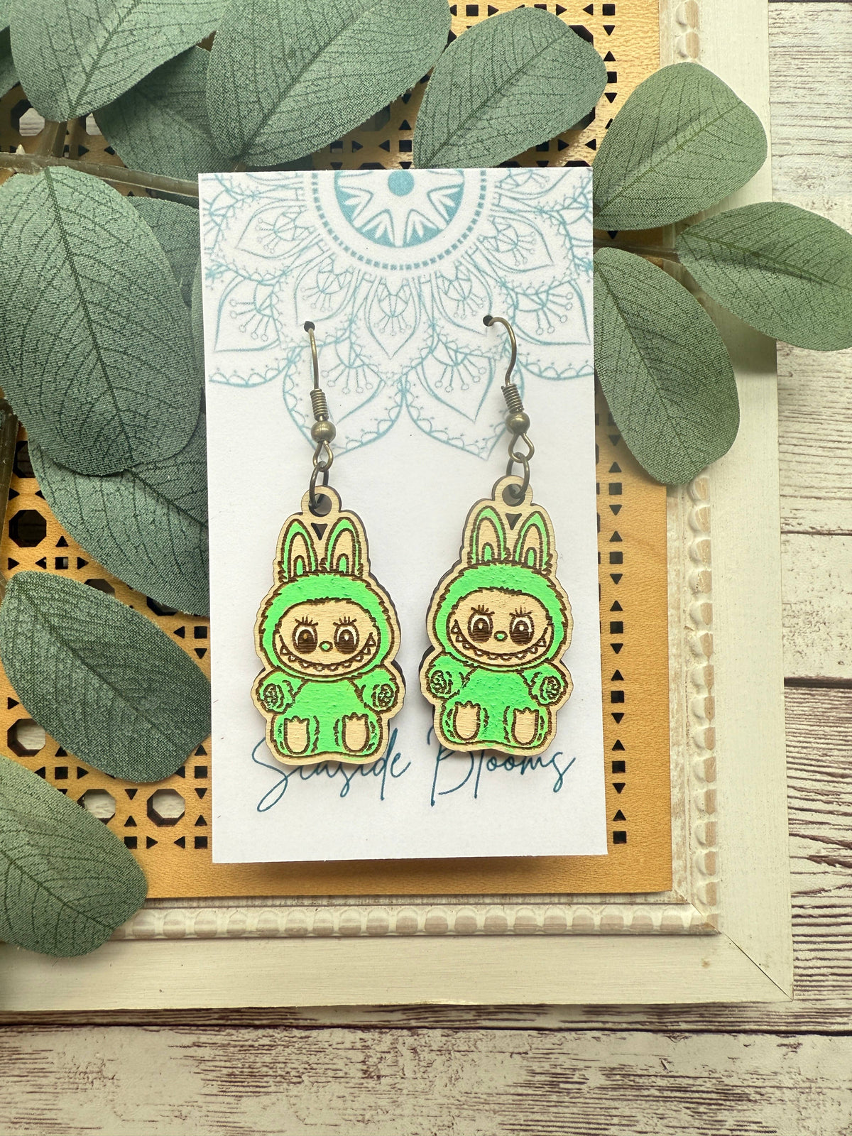 Labubu inspired monster style hand painted  wood earrings