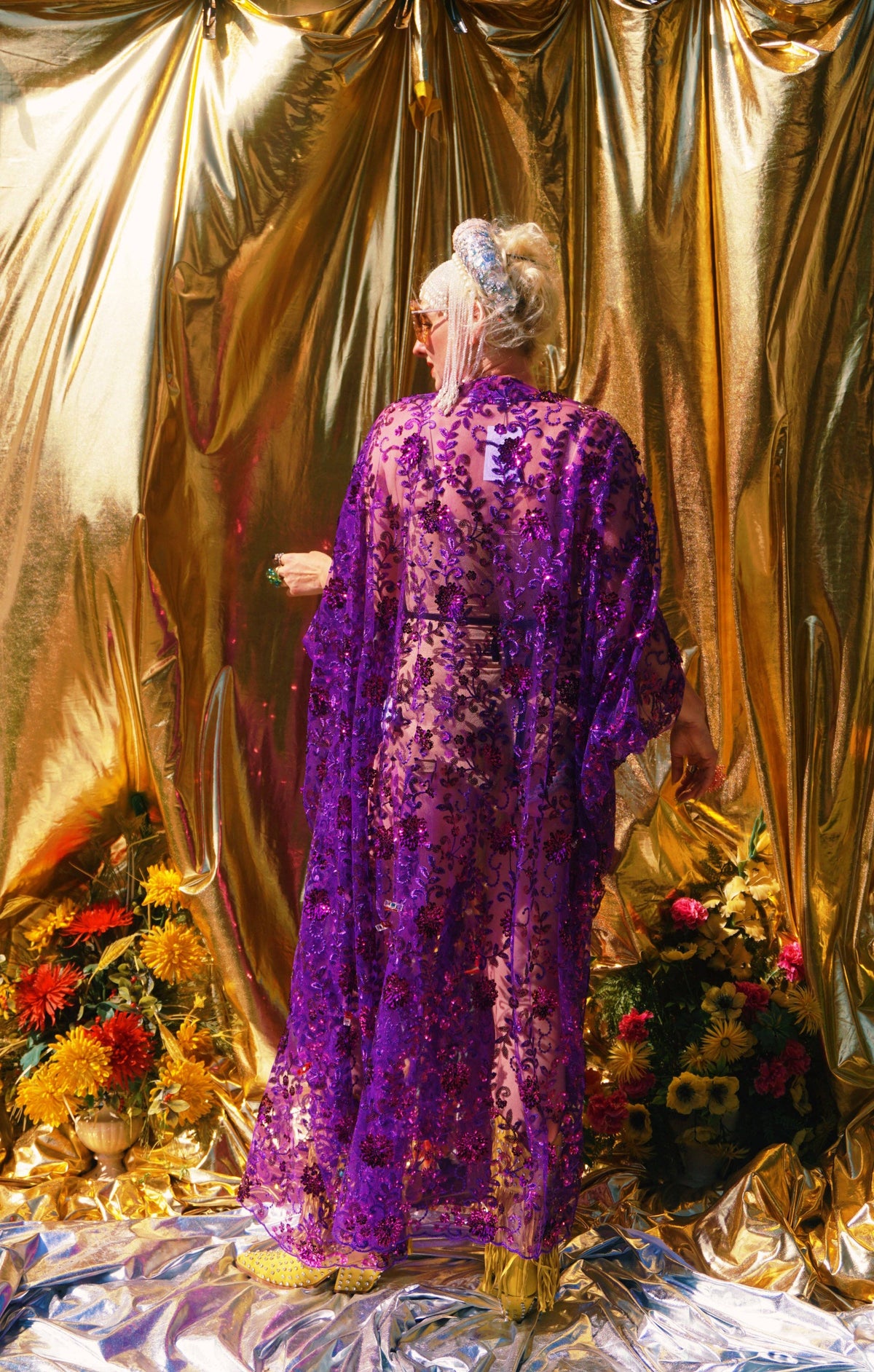 Desert Amethyst Lace Sequin V-Neck Kaftan Gown