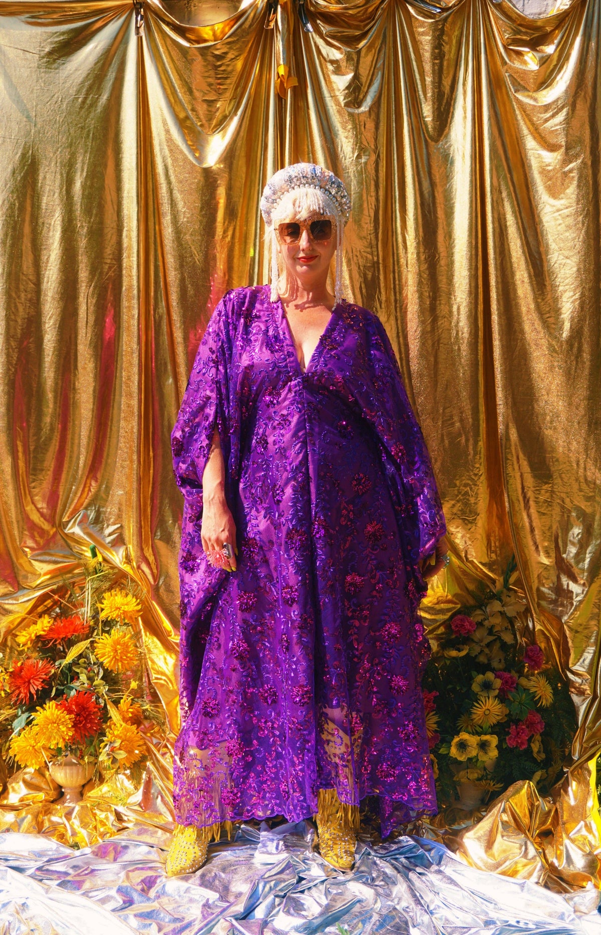 Desert Amethyst Lace Sequin V-Neck Kaftan Gown