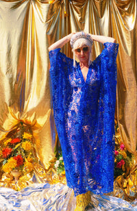 Desert Blue Lace Sequin V-Neck Kaftan Gown