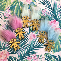 Furry Treasure Troll, Pink, White Or Blue, Acrylic Laser Cut Earrings, Plastic Jewelry