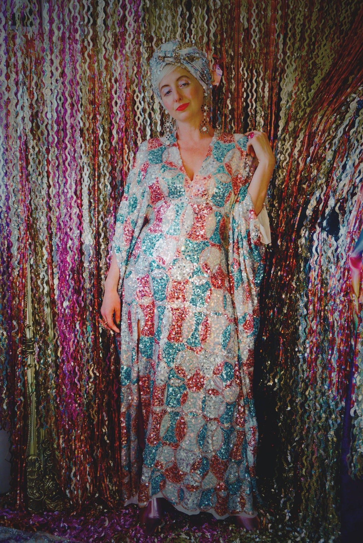 Pink, Blue and White Circle V-Neck Maxi Dress Kaftan