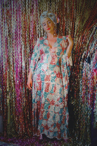 Pink, Blue and White Circle V-Neck Maxi Dress Kaftan