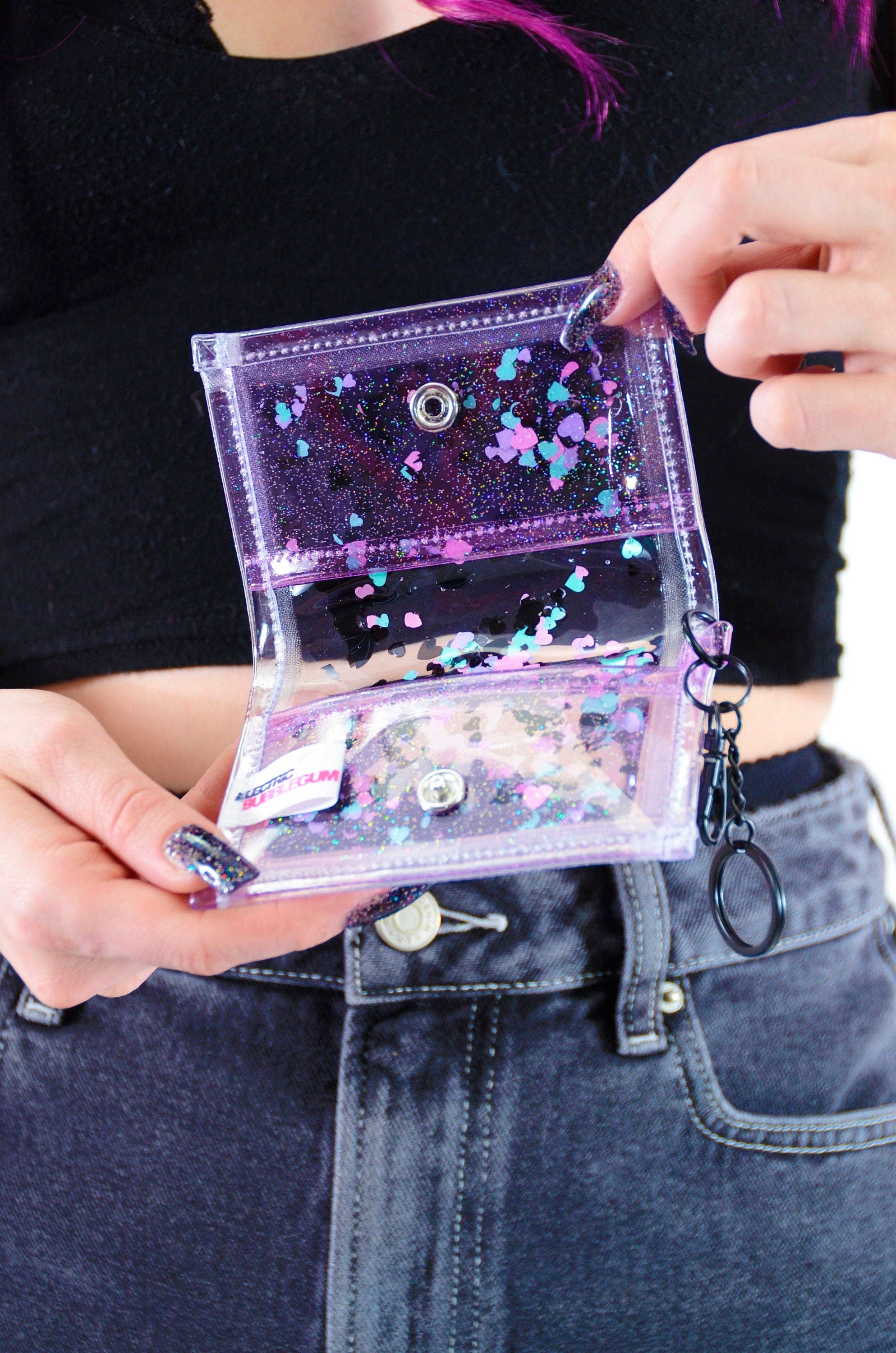 Liquid Glitter Tiny Wallet - Nocturnal Hearts - Clear