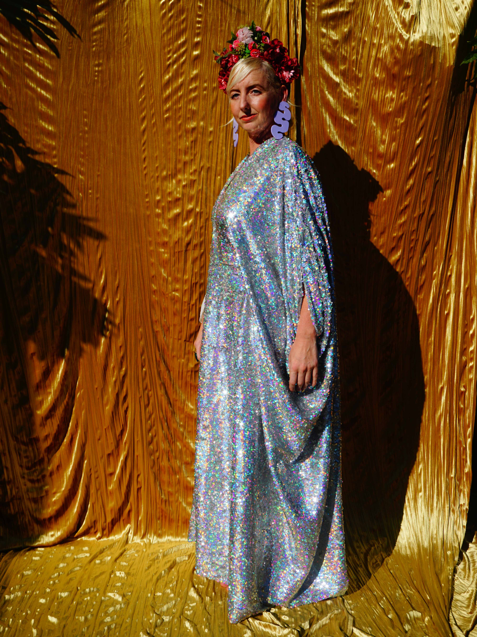 Silver Metallic Holographic/  Sequin Kaftan Gown / Dress