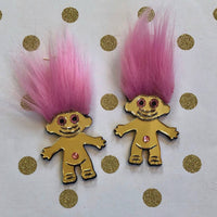 Furry Treasure Troll, Pink, White Or Blue, Acrylic Laser Cut Earrings, Plastic Jewelry