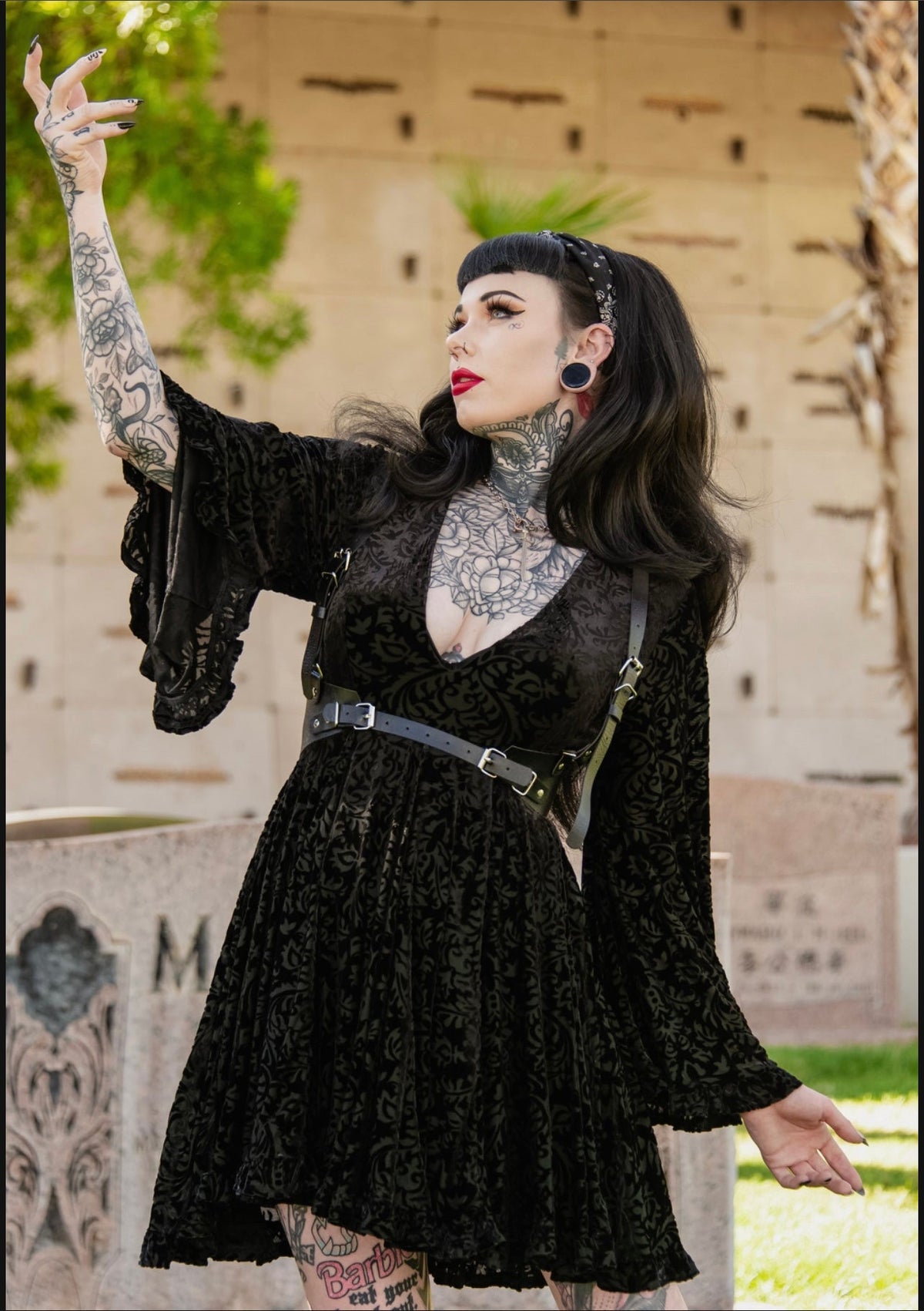 Nyx - Bell Sleeved Velvet Damask Dress with Harness - READY TO SHIP!
