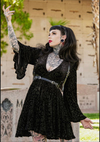 Nyx - Bell Sleeved Velvet Damask Dress with Harness - READY TO SHIP!