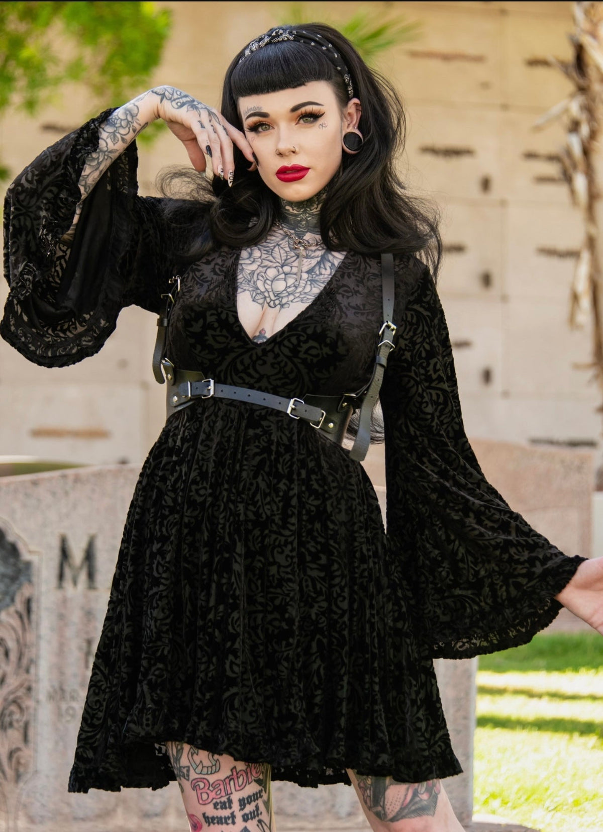 Nyx - Bell Sleeved Velvet Damask Dress with Harness - READY TO SHIP!
