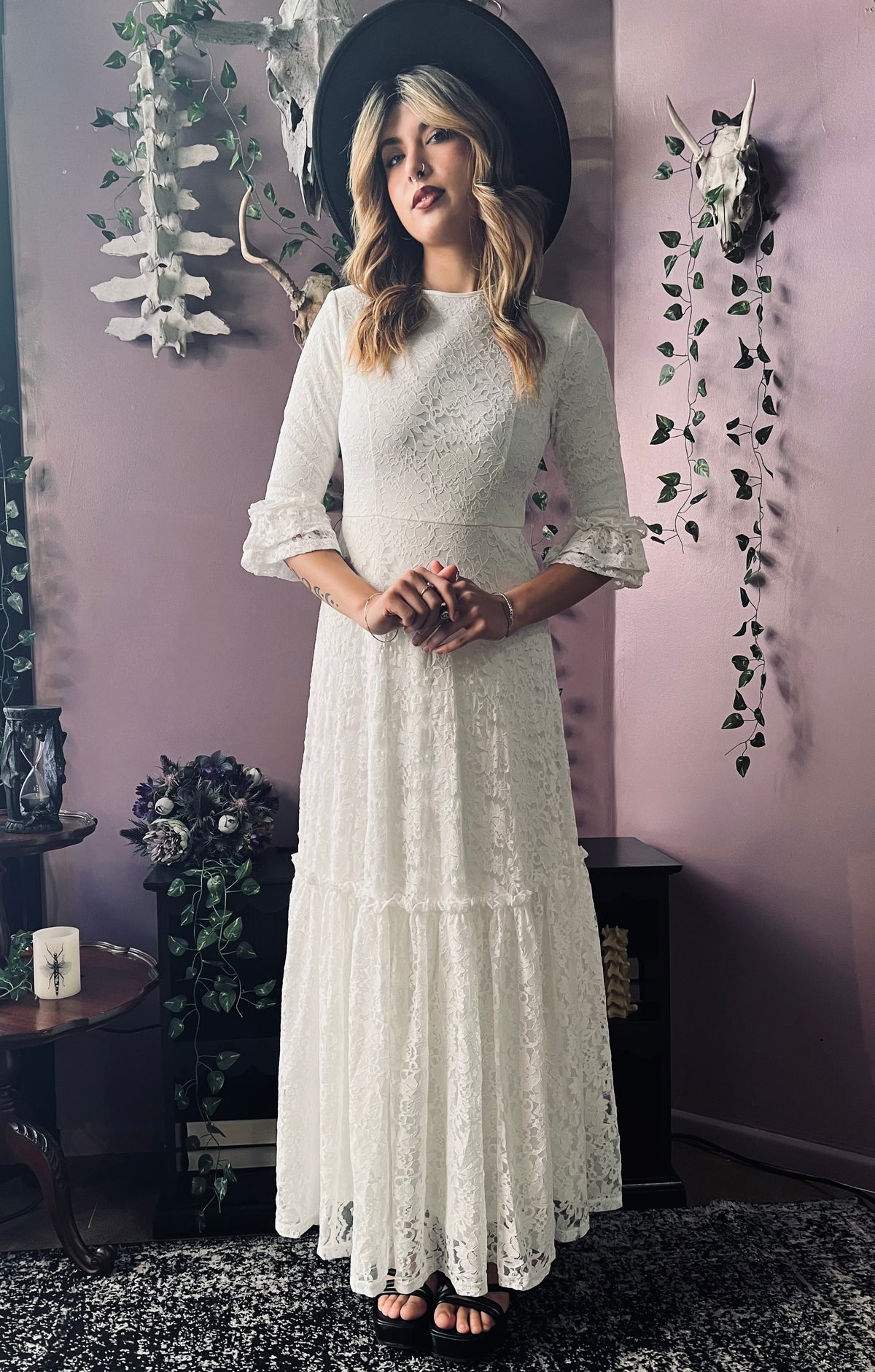 Mina - Ivory Floral Lace Bride of the Vampire Maxi Dress  - READY TO SHIP
