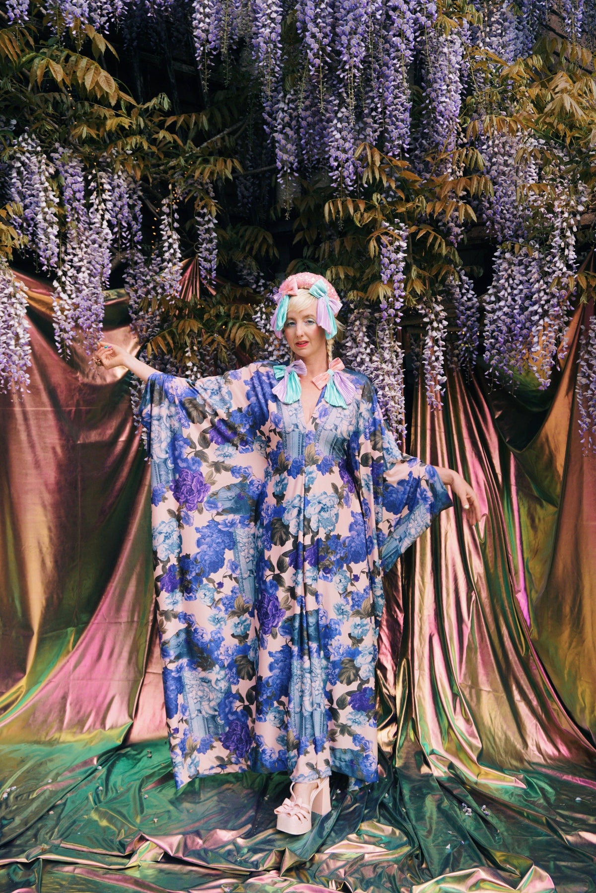 Blue Rose V-Neck Kaftan Gown