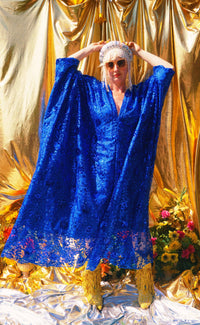 Desert Blue Lace Sequin V-Neck Kaftan Gown