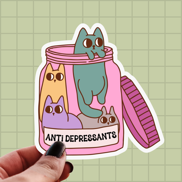 Cat Antidepressants Sticker - Cute Jar of Cats Mental Health