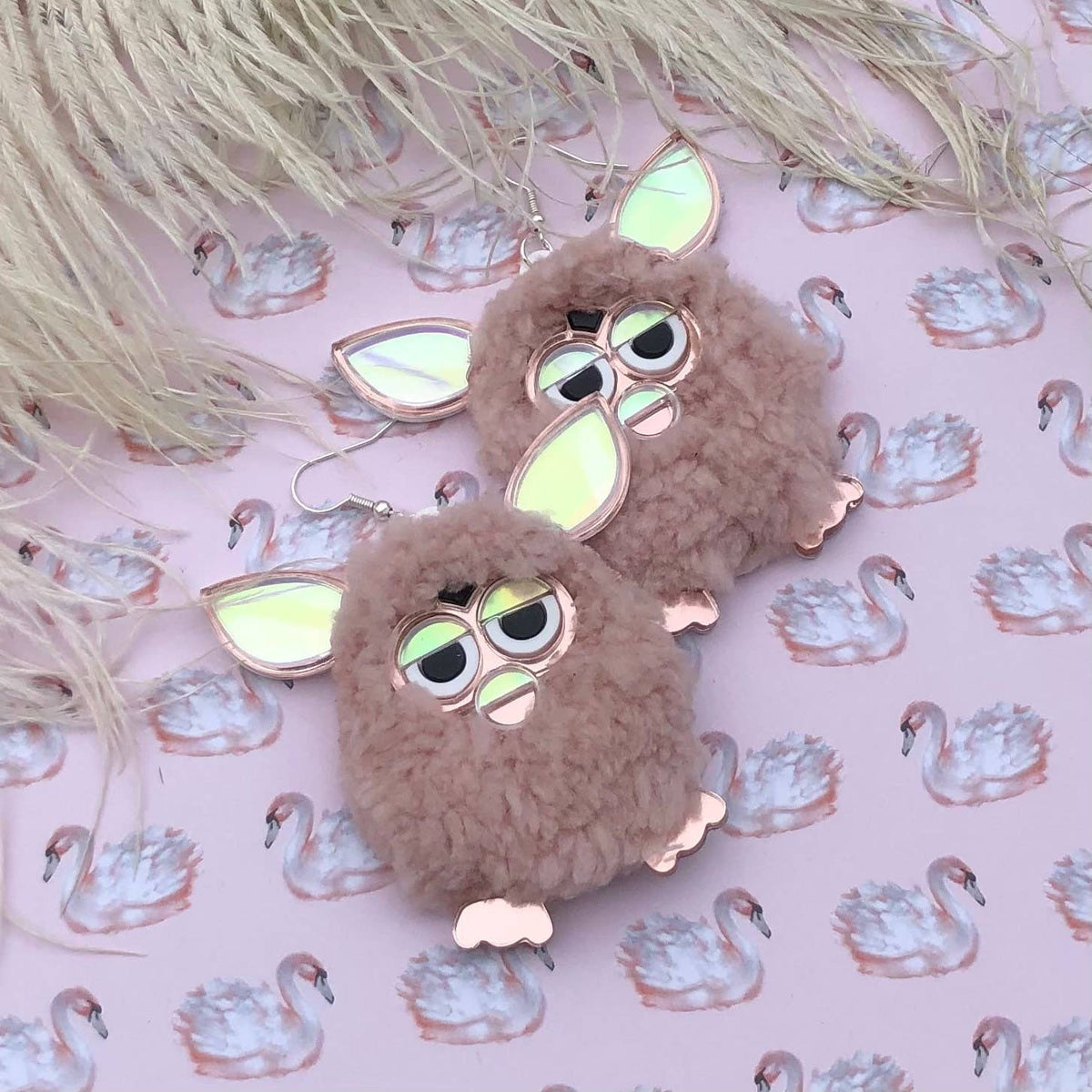 Rose Pink Furry Furby Earrings, Laser Cut Acrylic, Plastic Jewelry