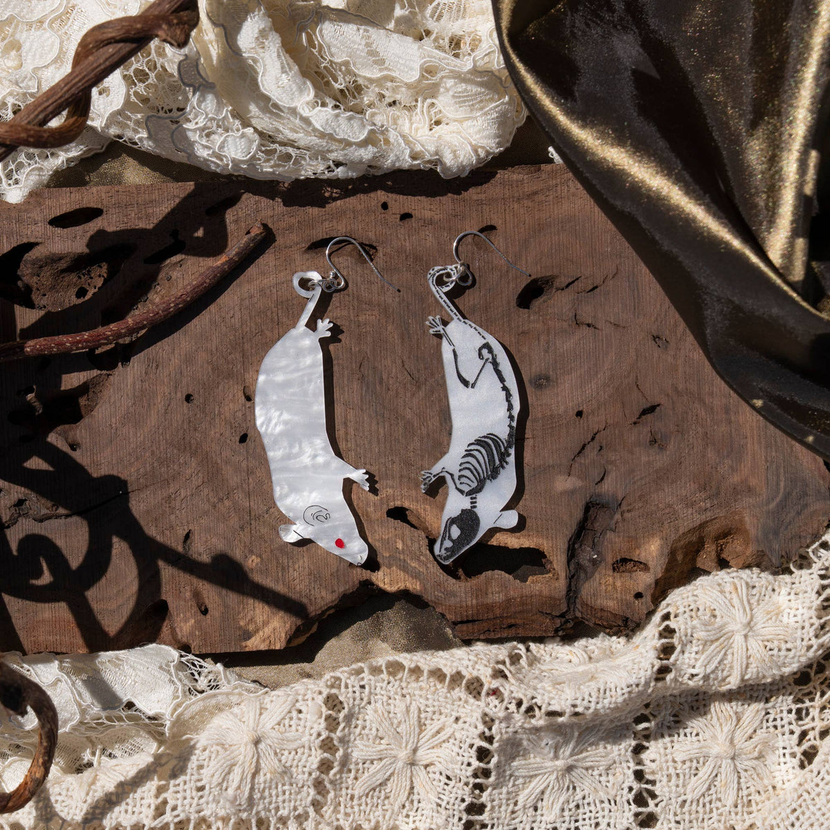 White Skeleton Mouse Earrings