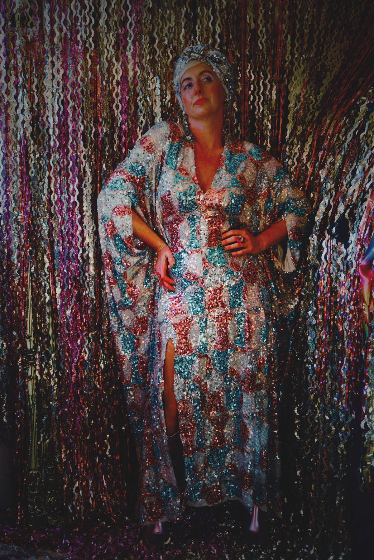 Pink, Blue and White Circle V-Neck Maxi Dress Kaftan