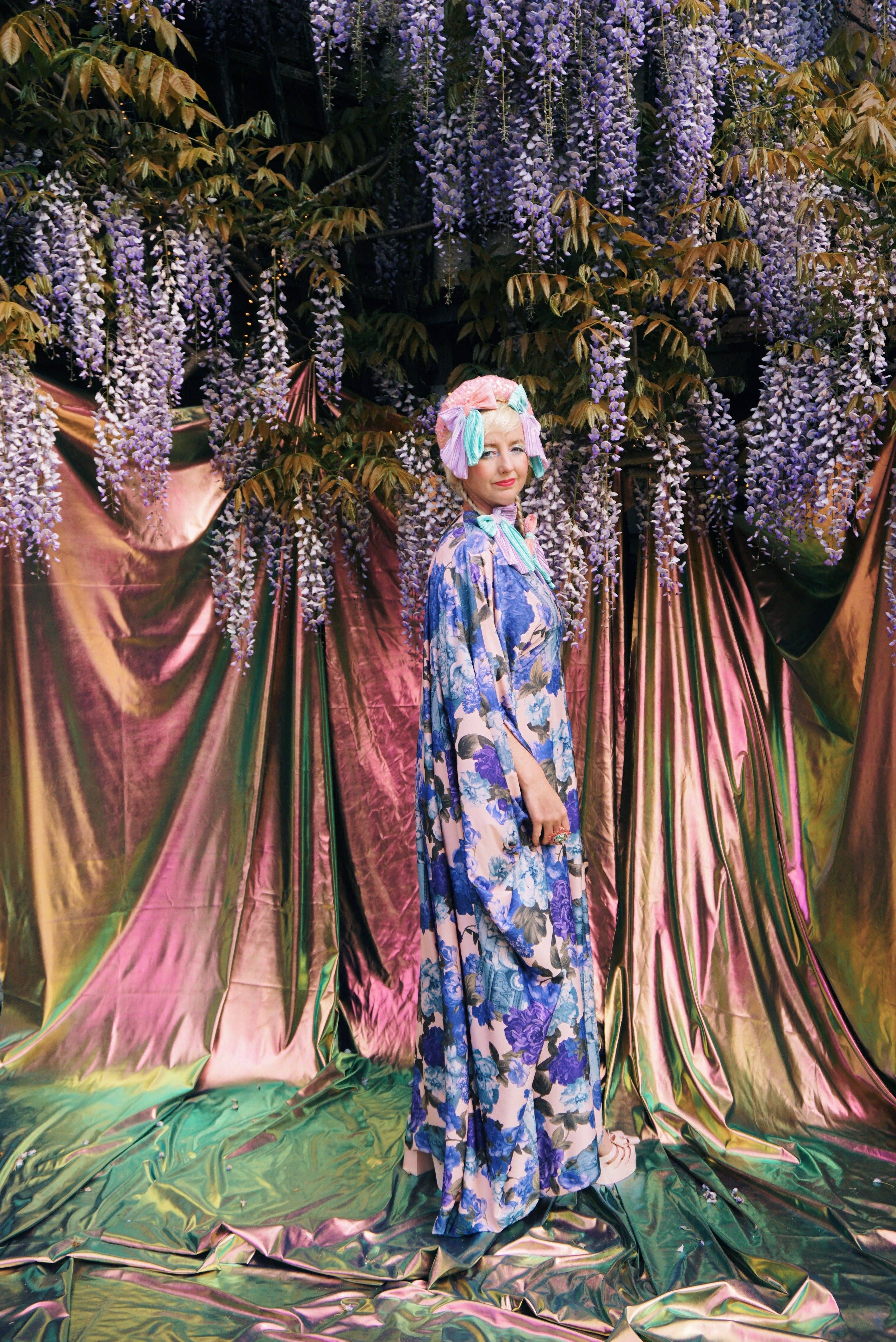 Blue Rose V-Neck Kaftan Gown