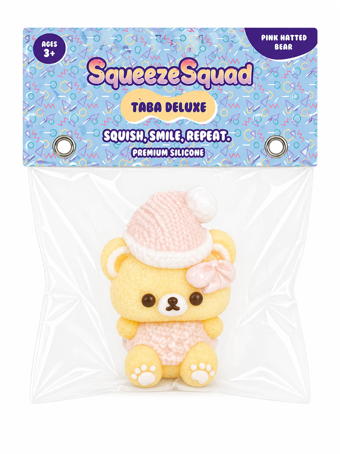 SqueezeSquad Taba Deluxe Premium Silicone Squishy Fidget Toy - Pink Hatted Bear