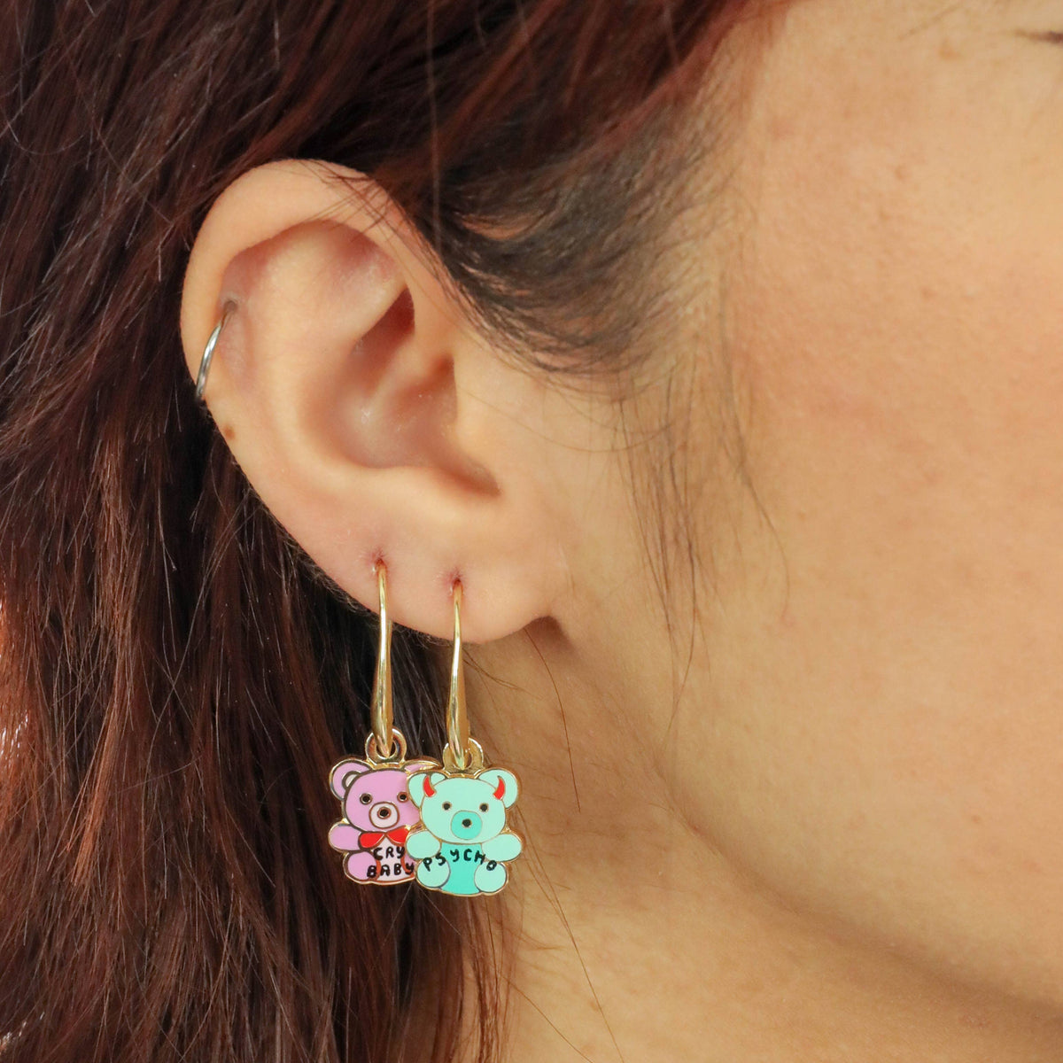 Cry Baby Psycho Teddies Earrings - 18k Gold Gilt Enamel