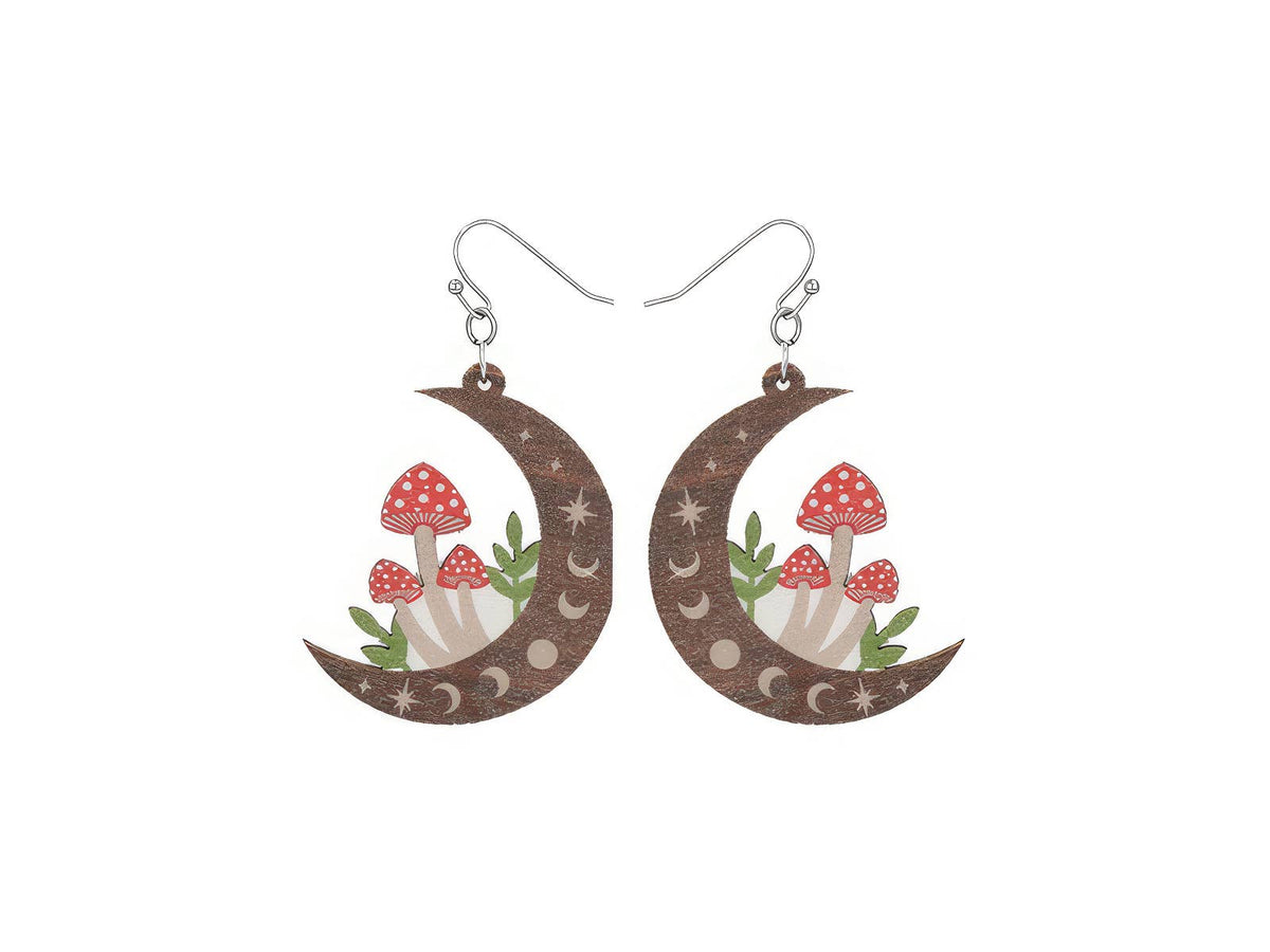 Natural Mystic Wood Mushroom Moon Earrings