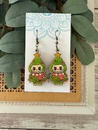 Labubu inspired monster Christmas hand painted wood earrings